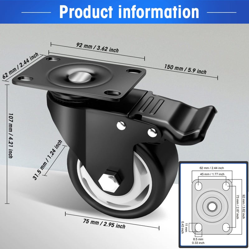 ASHGOOB 3" Caster Wheels Set of 4, Heavy Duty Casters with Brake, No Noise Locking Casters with Polyurethane (PU) Wheels, Swivel Plate Castors Pack of 4 - Image 2